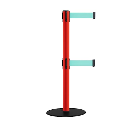Montour Line Retractable Dbl Belt 2.5" Red Post , Low Base, 11' Lt Grn Belt S400D-RD-LGN-110